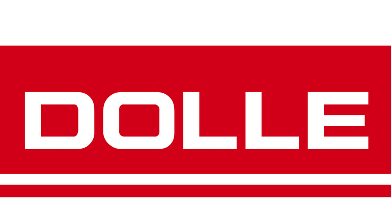 Ein rotweißes Logo, es steht DOLLE in Großbuchstaben geschrieben 